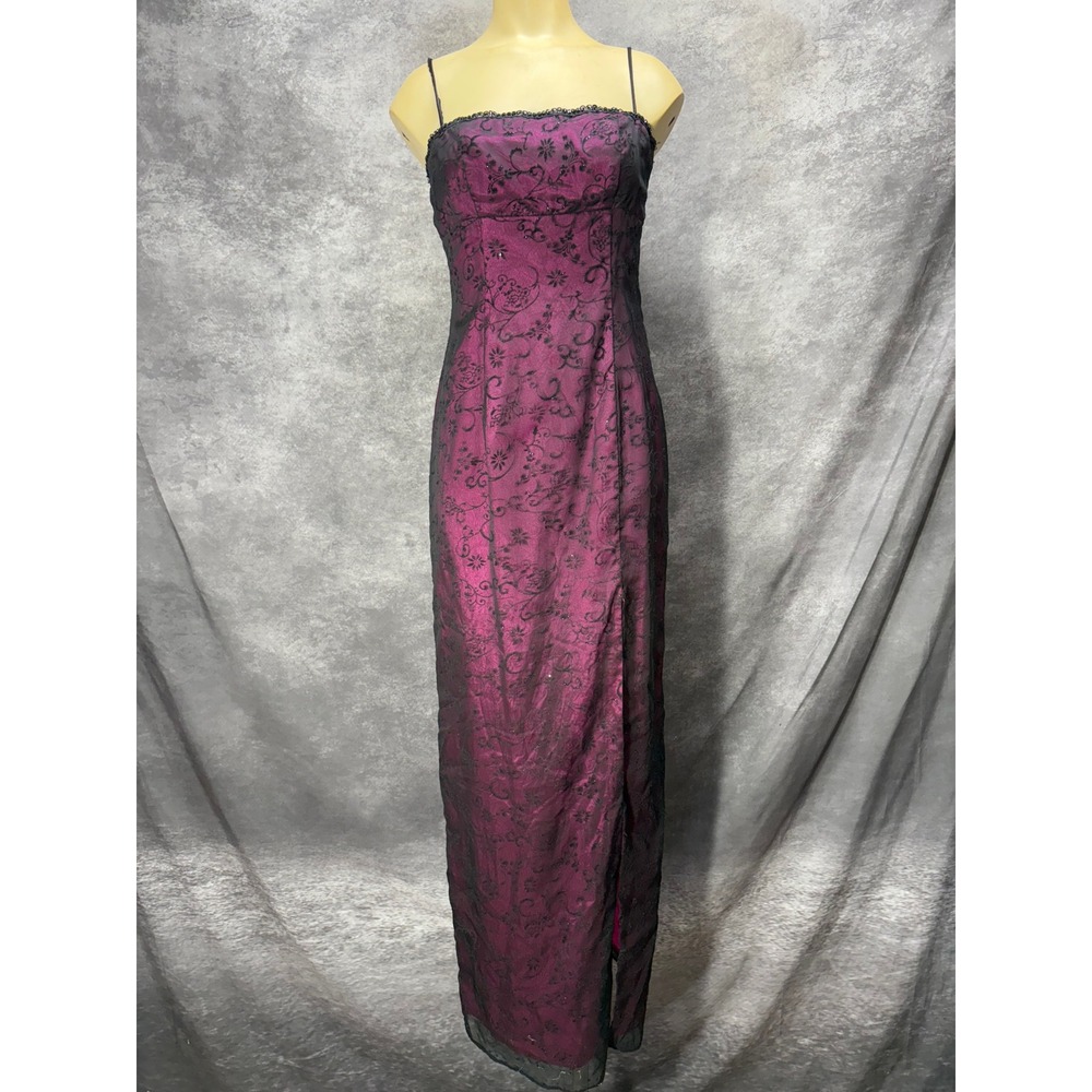 VTG Y2K Zum Zum Whimsigoth Maxi Slip Dress 7/8 Pink Black Flocked Lace Overlay